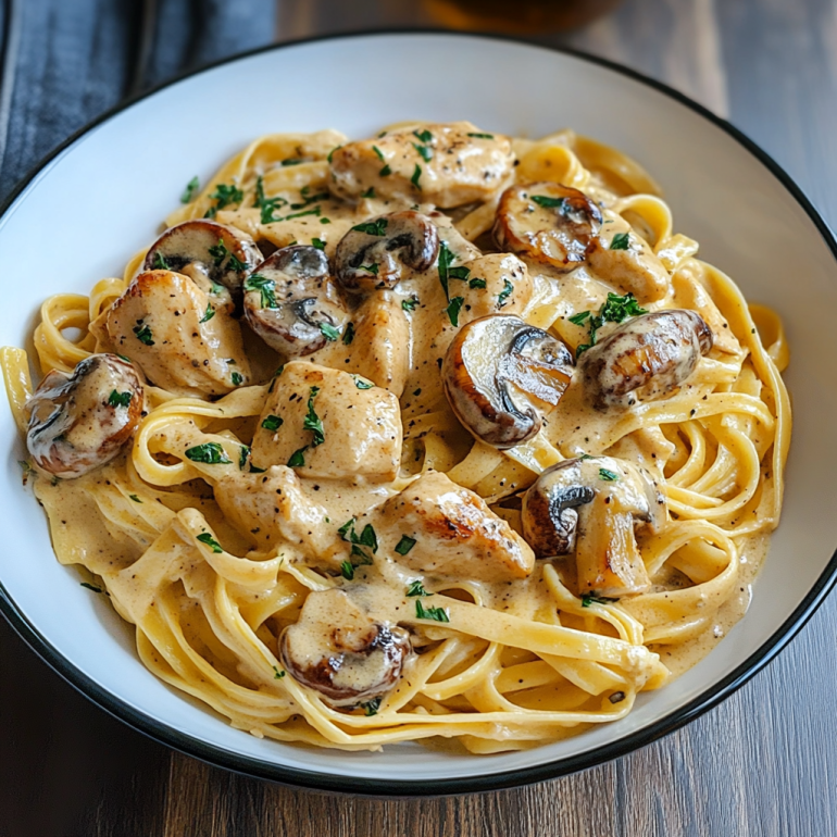 Fettuccine Cremoso con Pollo y Champiñones