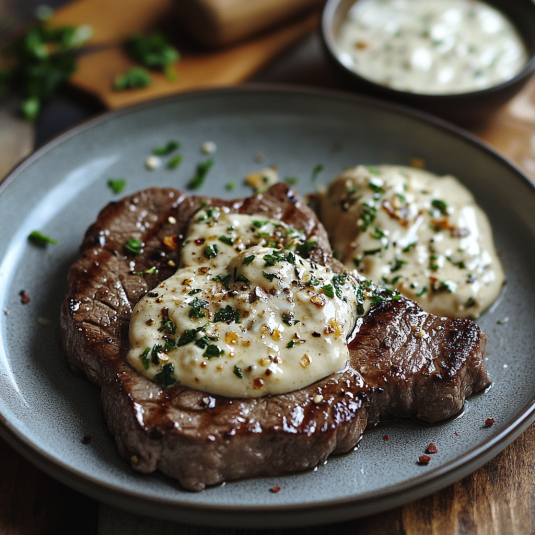 BISTEC CON SALSA DE CREMA Y AJO.