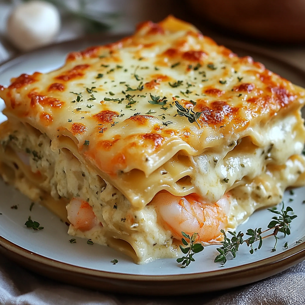 Lasaña de Gambas con Salsa Bechamel y Queso