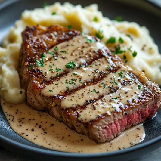 Receta de Bistec Jugoso con Salsa Cremosa y Puré