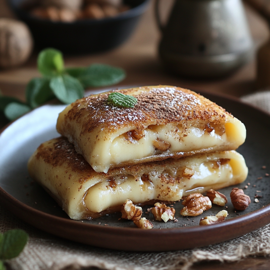 Torrijas rellenas de chocolate blanco y nueces