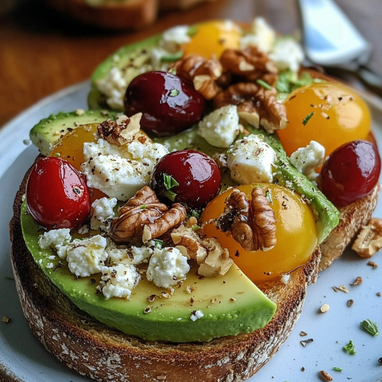 Tostada de Aguacate con Queso Feta, Tomates Cherry, Arándanos Rojos y Nueces