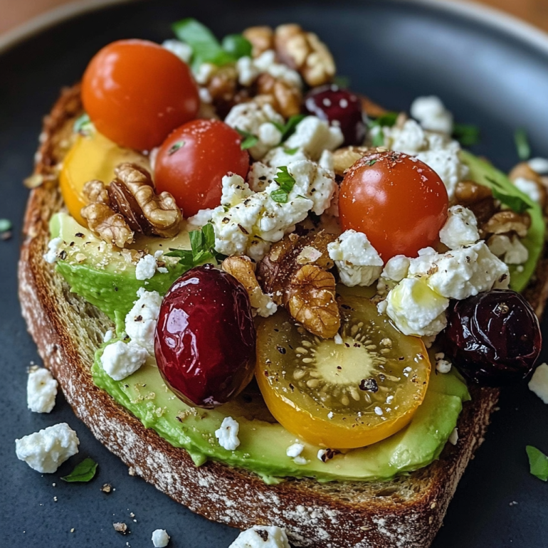 Tostada de Aguacate con Queso Feta, Tomates Cherry, Arándanos Rojos y Nueces