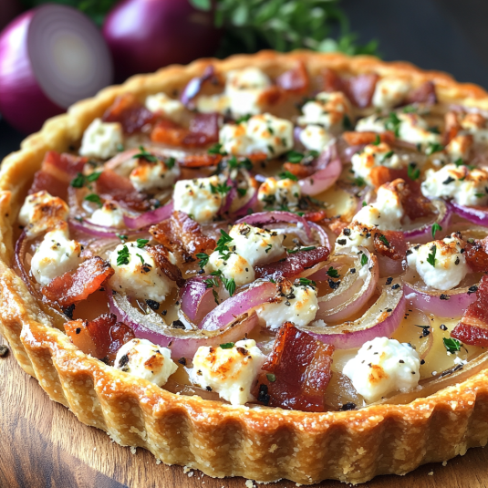 Delicious and easy to make onion, bacon, goat cheese and honey tart.