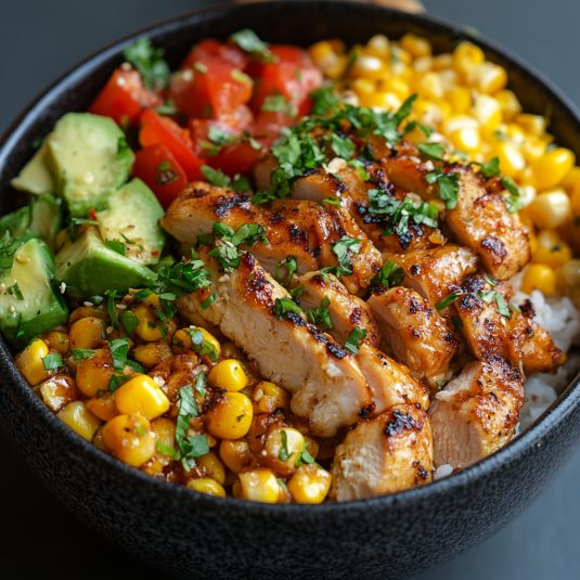 tazón de arroz con pollo y maíz estilo callejero