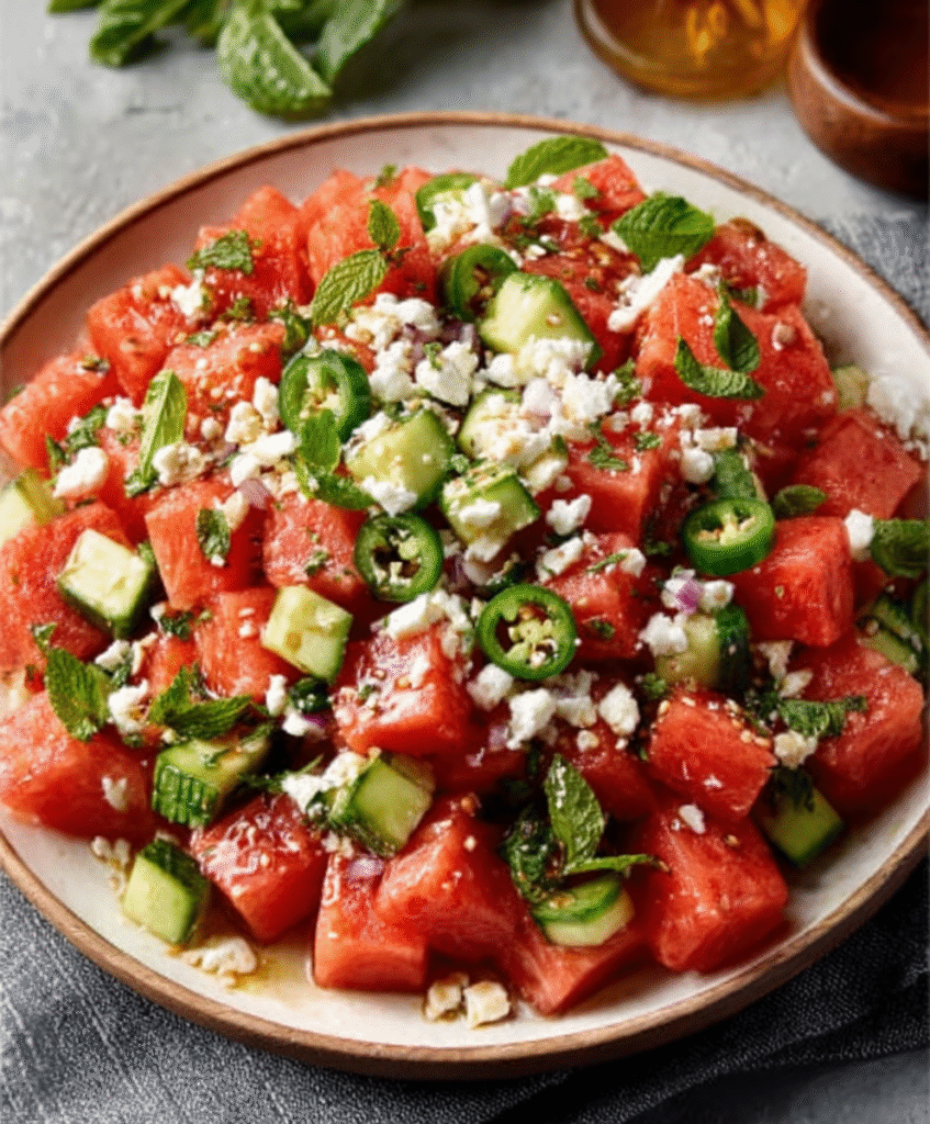 Ensalada de Sandía, Feta y Jalapeño con Hierbabuena