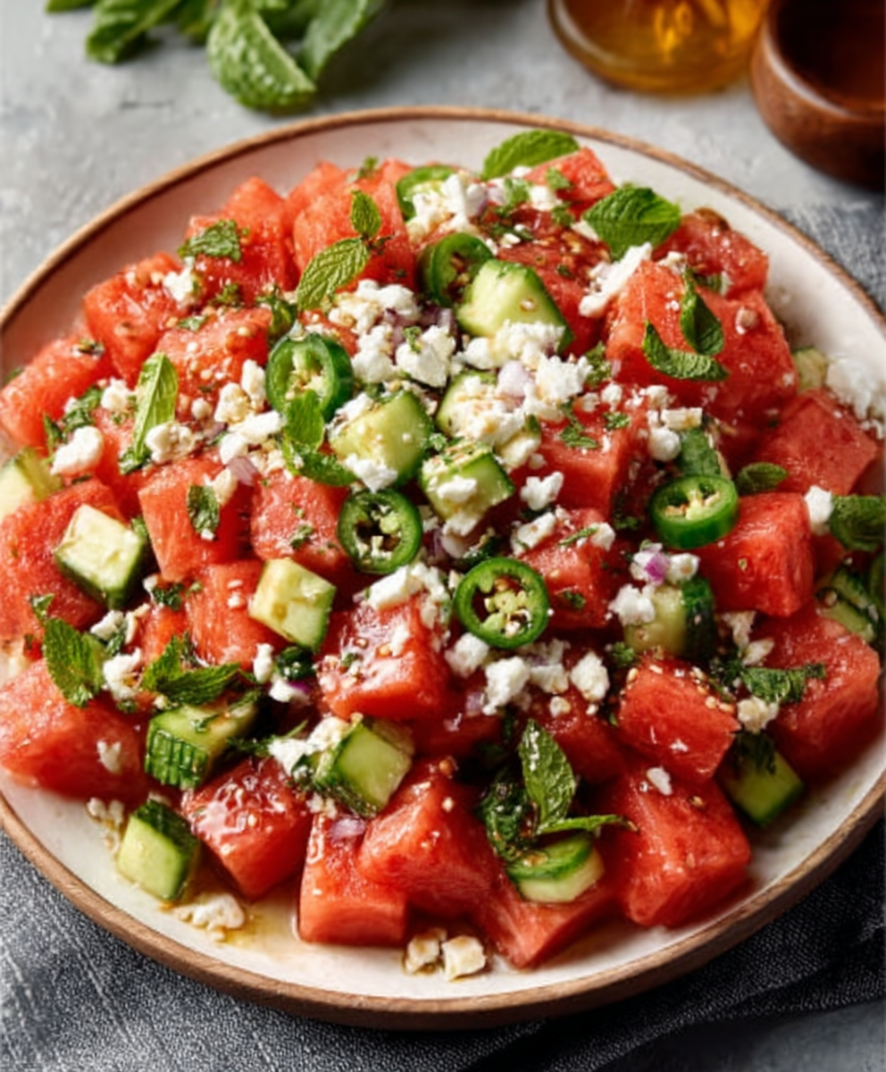 Ensalada de Sandía, Feta y Jalapeño con Hierbabuena