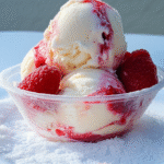 HELADO DE VAINILLA CON FRAMBUESA Y FRESA.