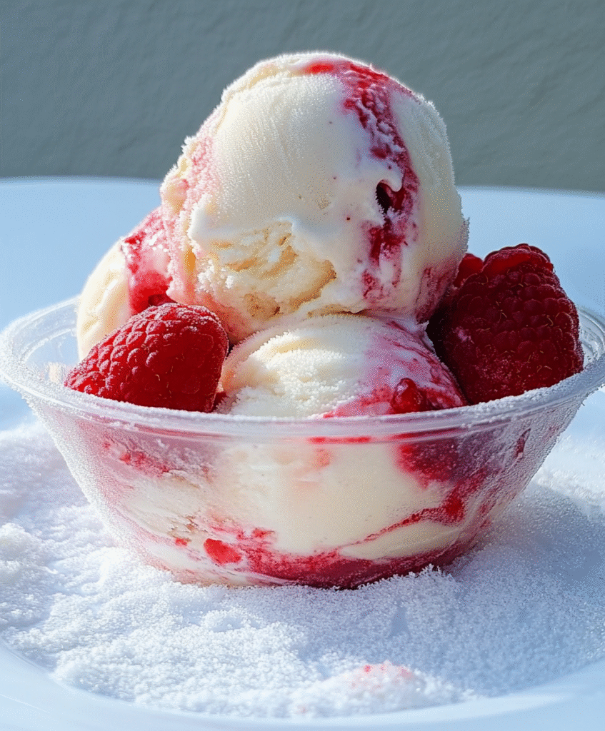 HELADO DE VAINILLA CON FRAMBUESA Y FRESA.