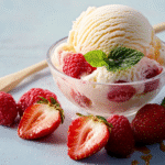 HELADO DE VAINILLA CON FRAMBUESA Y FRESA.