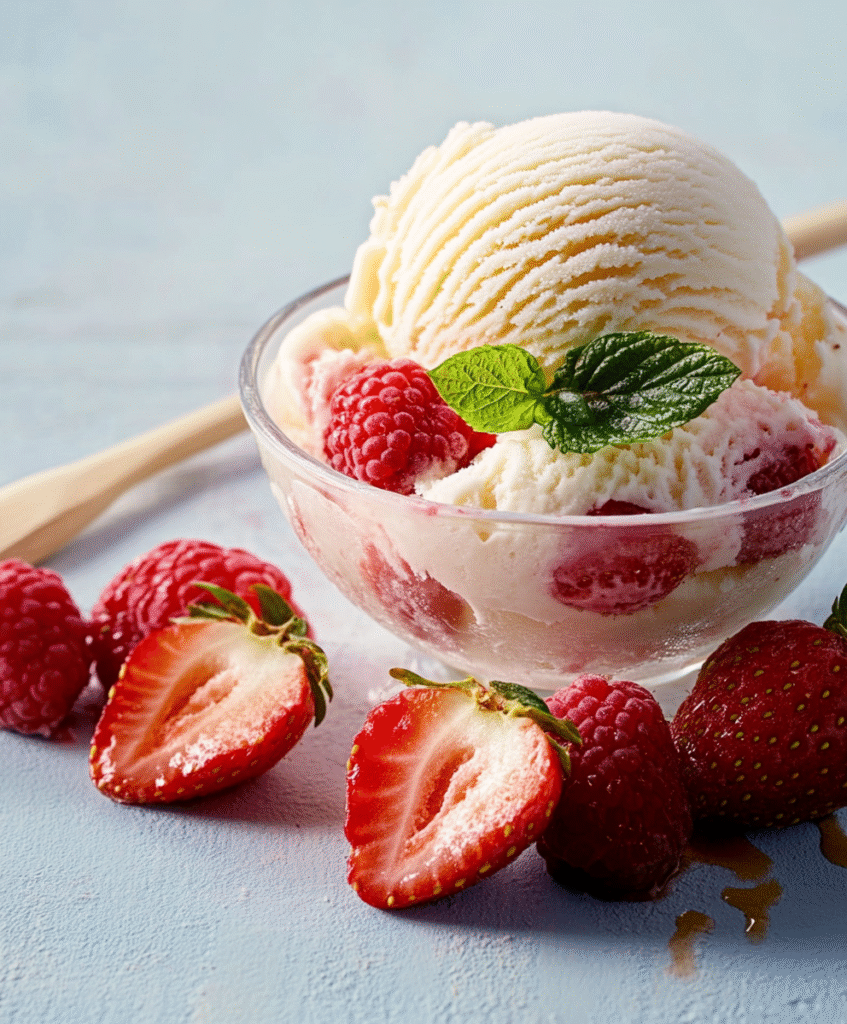 HELADO DE VAINILLA CON FRAMBUESA Y FRESA.