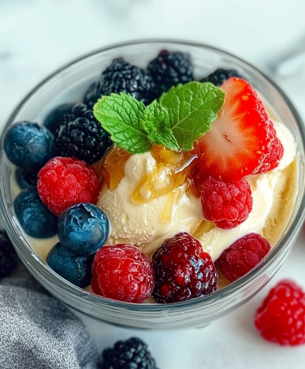 Helado Casero de Yogur Griego y Miel con Frutos Rojos