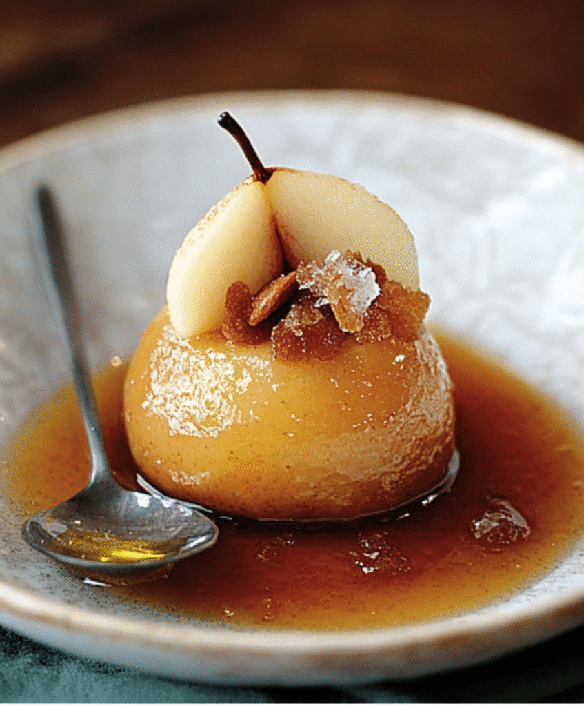 POSTRE DE PERAS AL VAPOR CON SALSA DE MIEL.