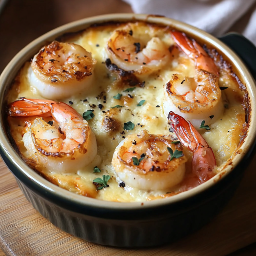 Cazuelita del Mar Gratinada con Vieiras y Camarones