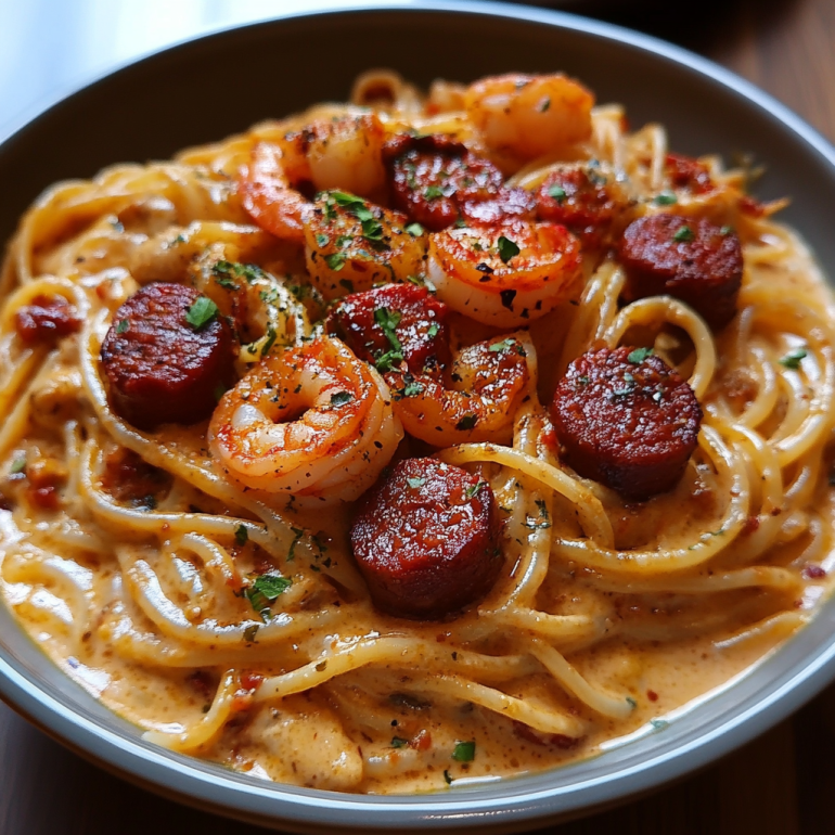 Espaguetis con Crema de Pimientos, Chorizo y Gambas
