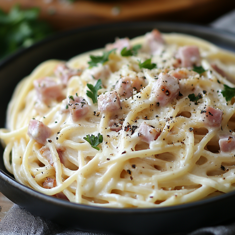 Espagueti Blanco con Jamón de Pavo Cremoso y Queso Fundido