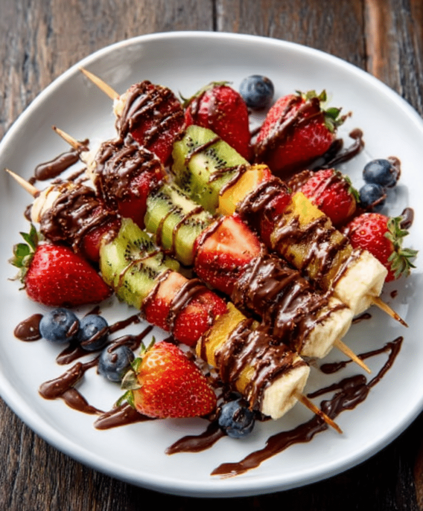 Brochetas de fruta con chocolate fundido