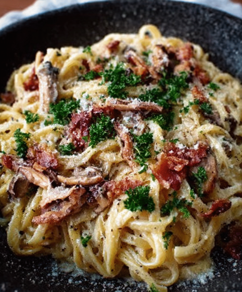 Carbonara de tocino de champiñones