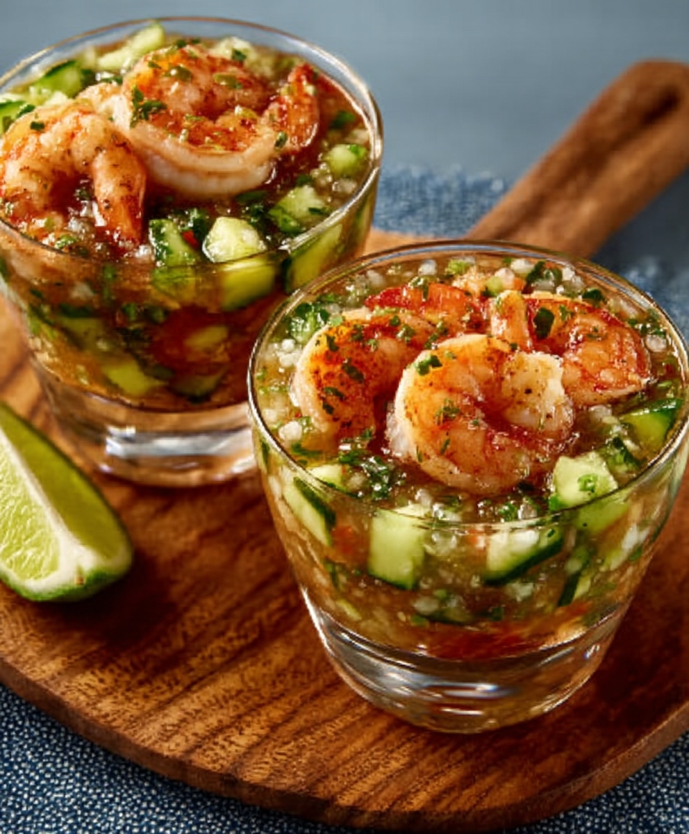 Cóctel de Camarones con Granizado de Pepino y Tequila