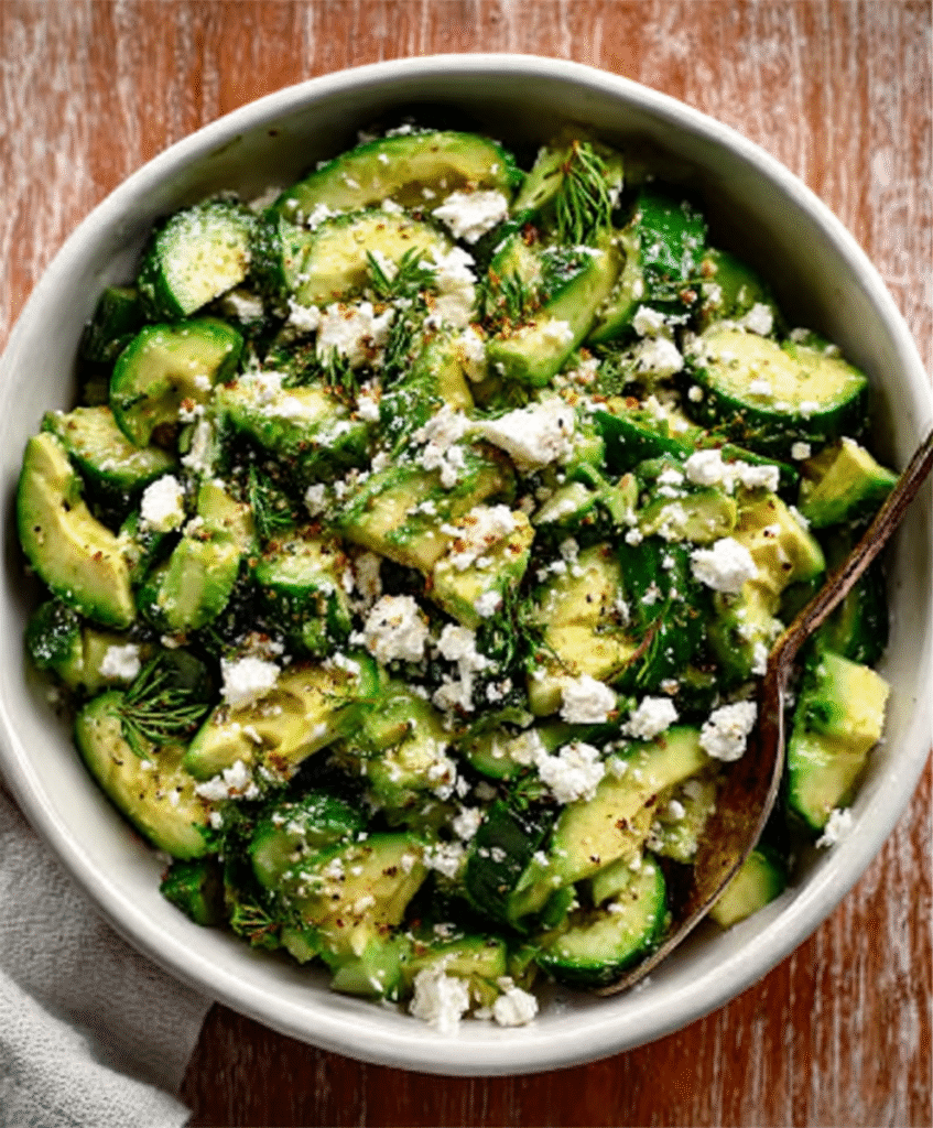 Ensalada de pepino, aguacate y feta