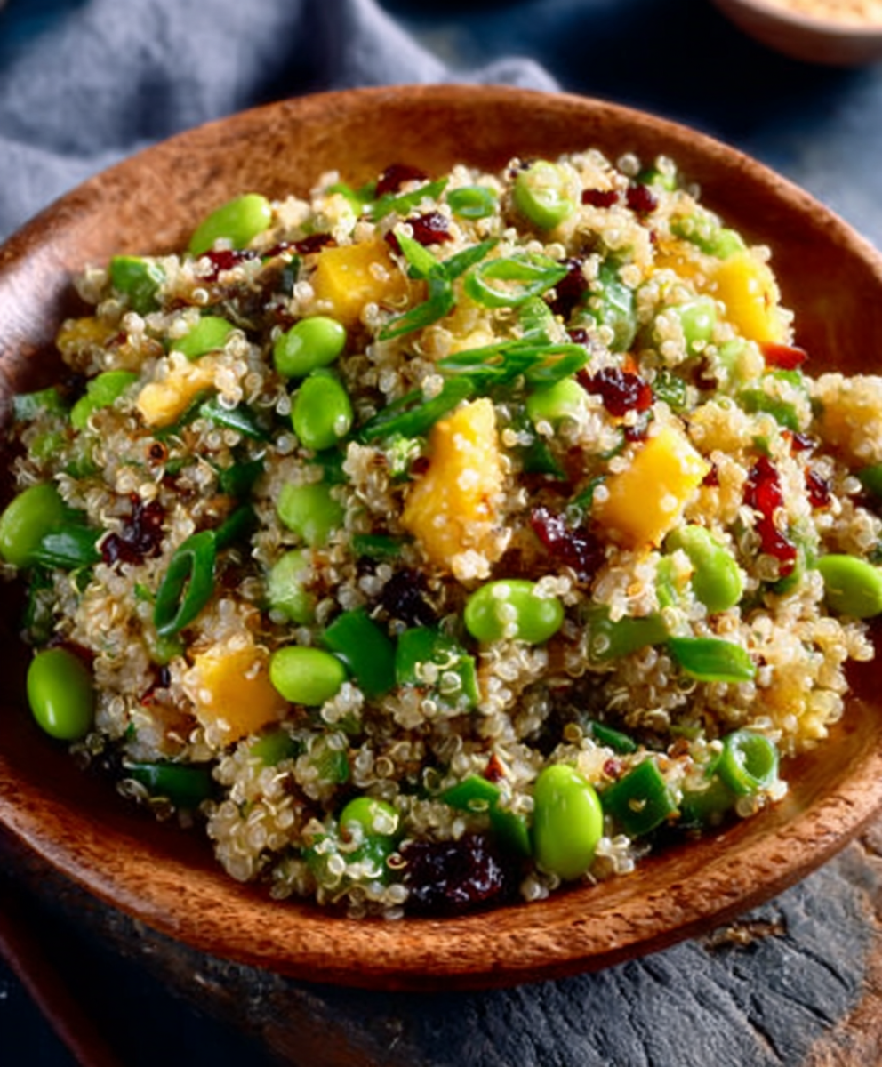 Ensalada de quinoa con mango, edamame y dressing de jengibre