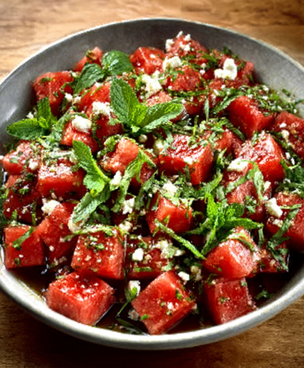 Ensalada refrescante de sandía, queso feta y menta con vinagreta de lima