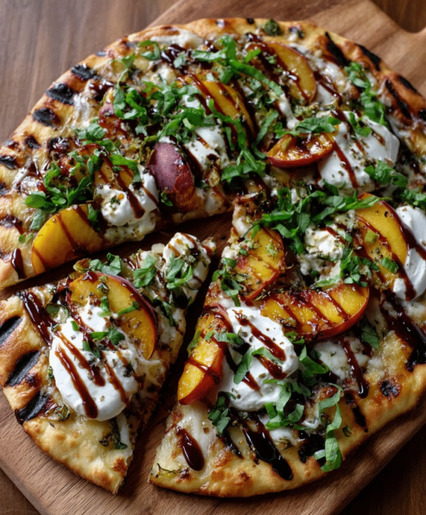Flatbread con melocotón asado y burrata