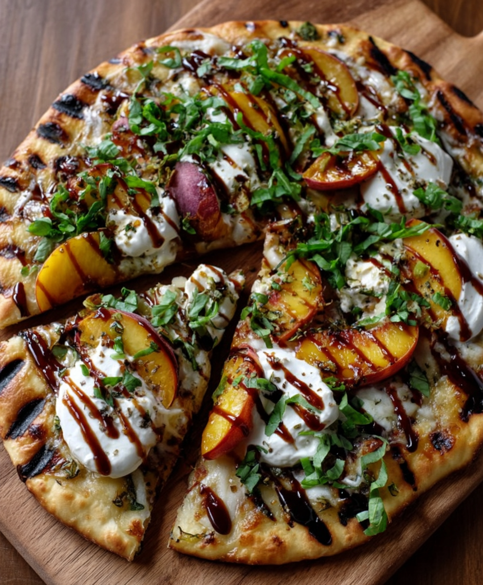Flatbread con melocotón asado y burrata
