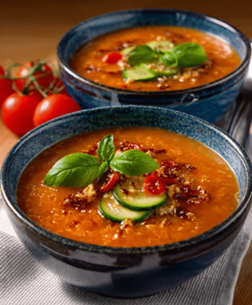 Gazpacho andaluz con toque de pepino y albahaca