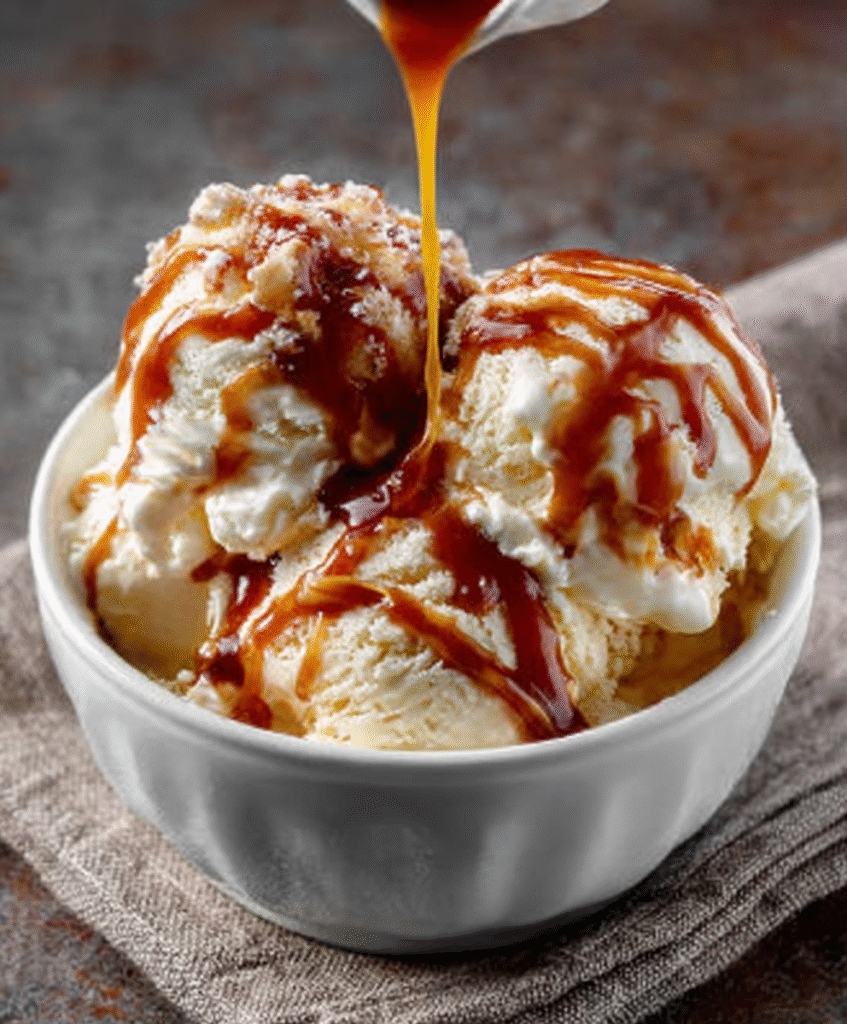 Helado de vainilla con salsa de caramelo salado