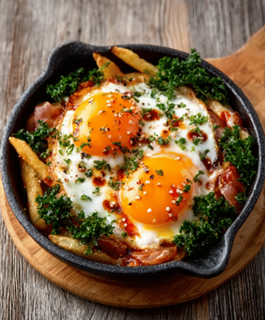 Huevos Rotos con Trufa y Chips de Kale