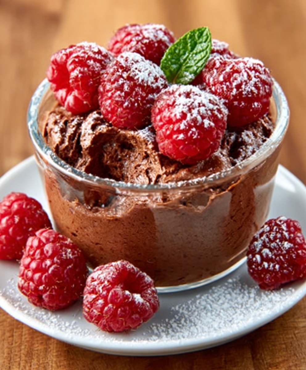 Mousse de chocolate con frambuesas frescas