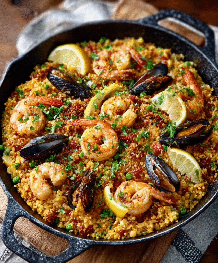 Paella de Coliflor y Mariscos