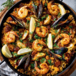 Paella marinera con azafrán y mariscos frescos