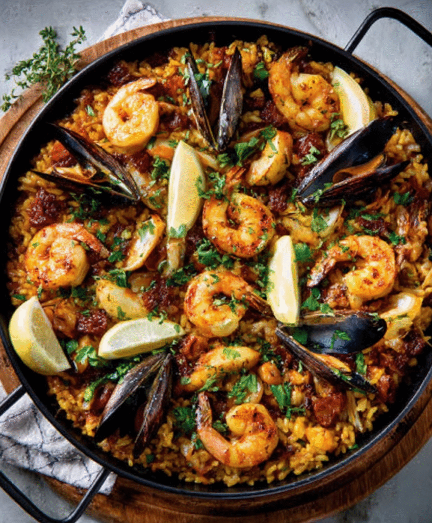 Paella marinera con azafrán y mariscos frescos