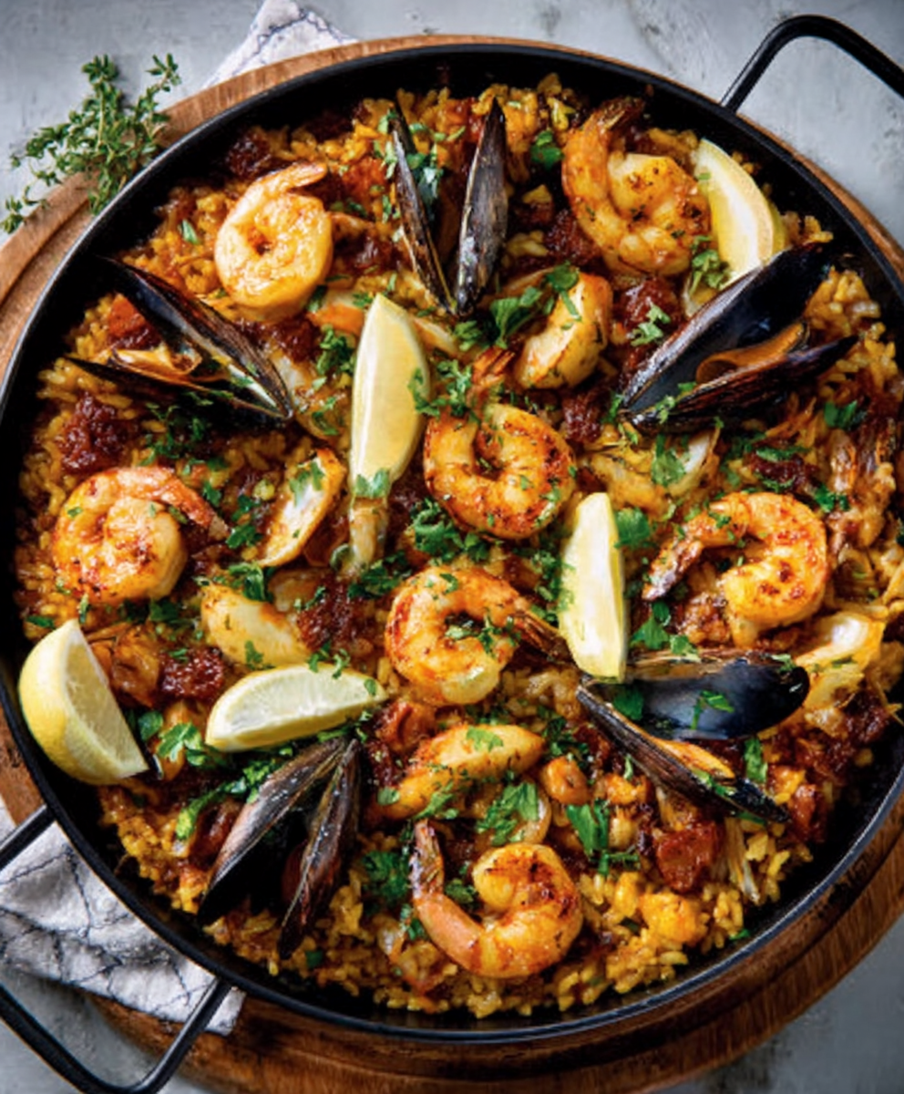 Paella marinera con azafrán y mariscos frescos