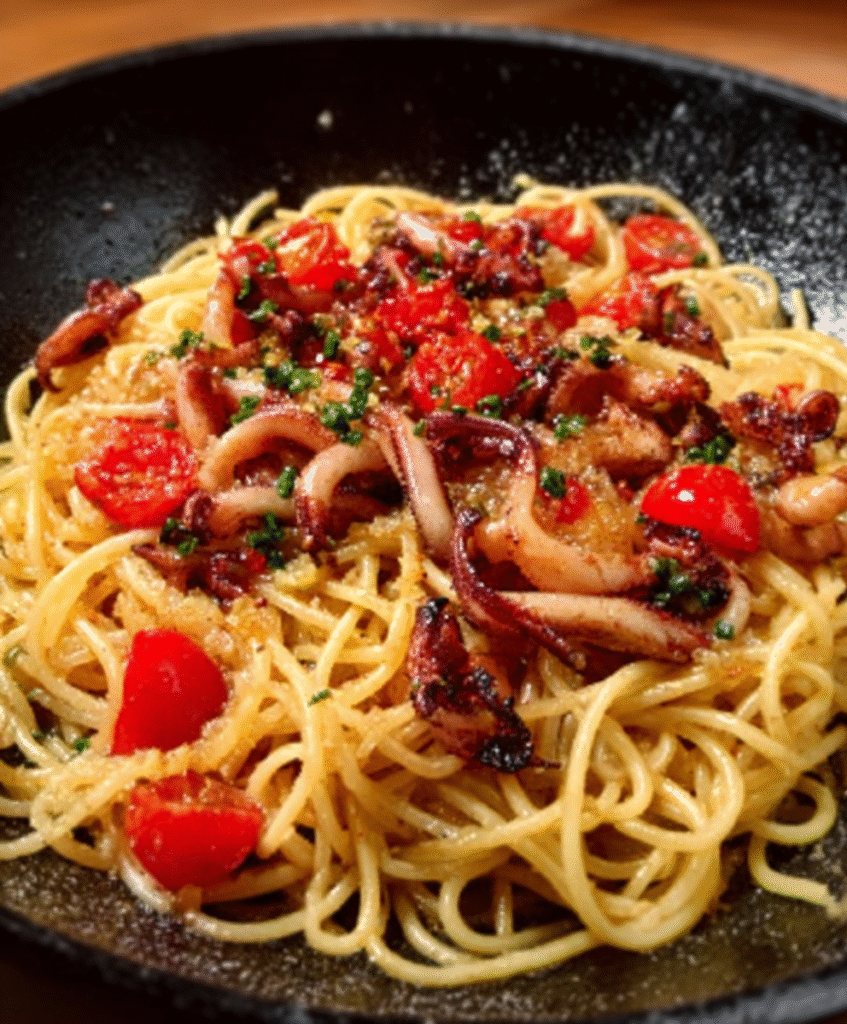 Pasta con calamares luminosos