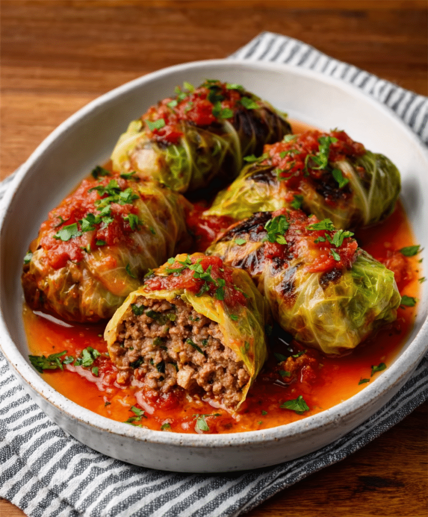 ROLLITOS DE COL RELLENOS CON CARNE DE RES.