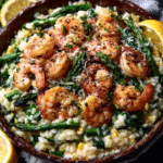 Risotto de limón con espárragos y gambas