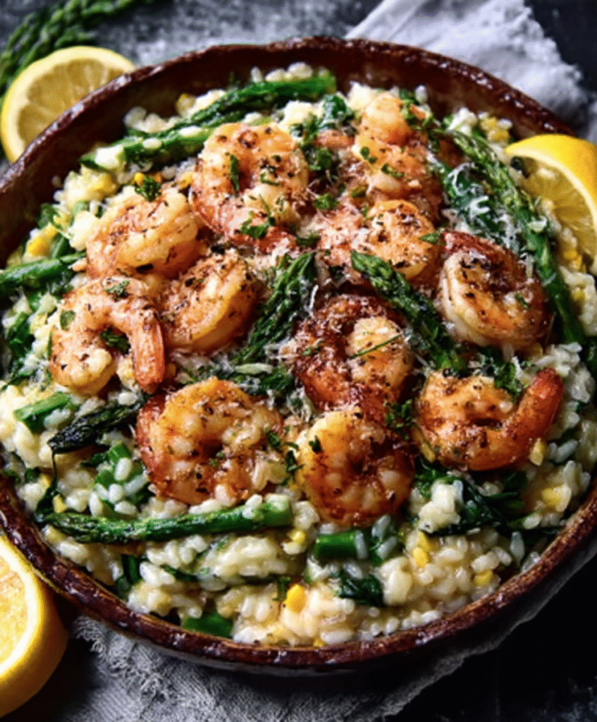 Risotto de limón con espárragos y gambas