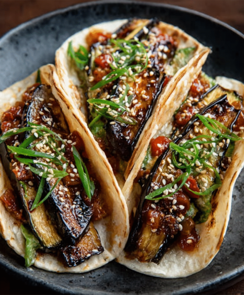 Tacos de Berenjena al Carbón con Salsa de Miso