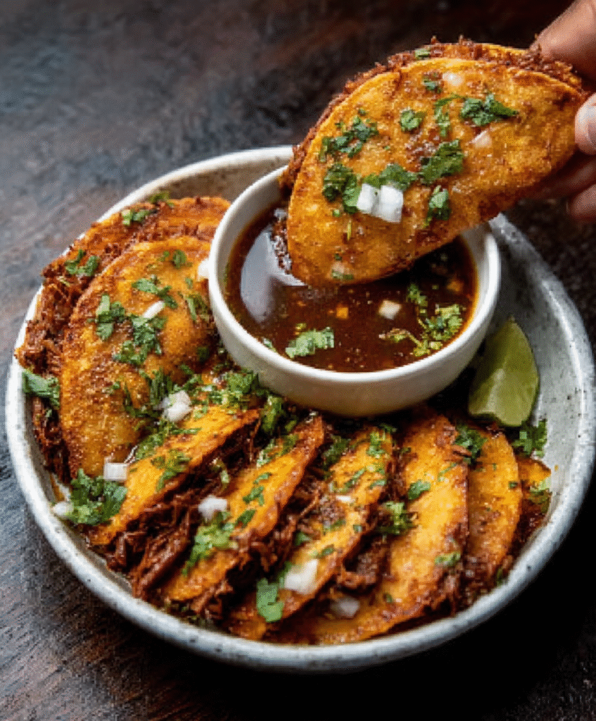 Tacos veganos de birria con consommé