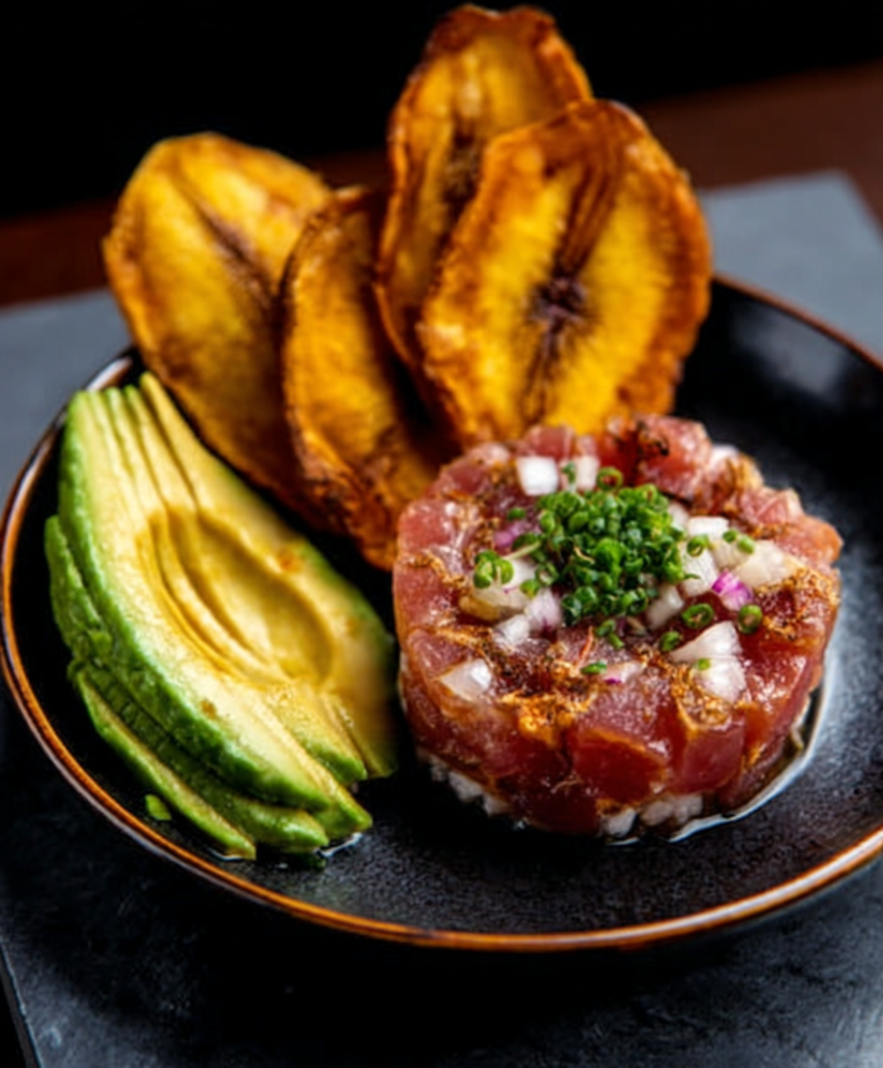 Tartar de atún con aguacate y chips de plátano