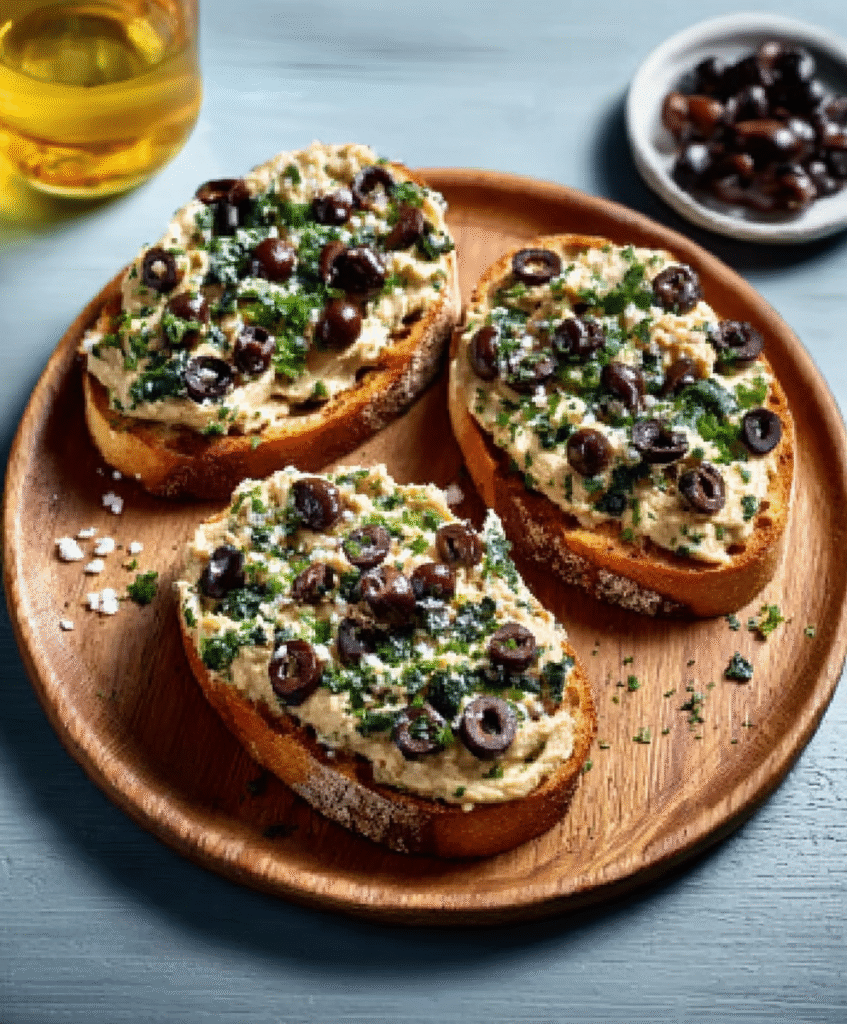 Tostas de Pan de Cristal CON HUMUS de Oliva Negra