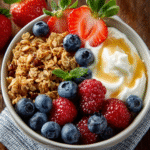 Yogur griego con granola y frutas rojas