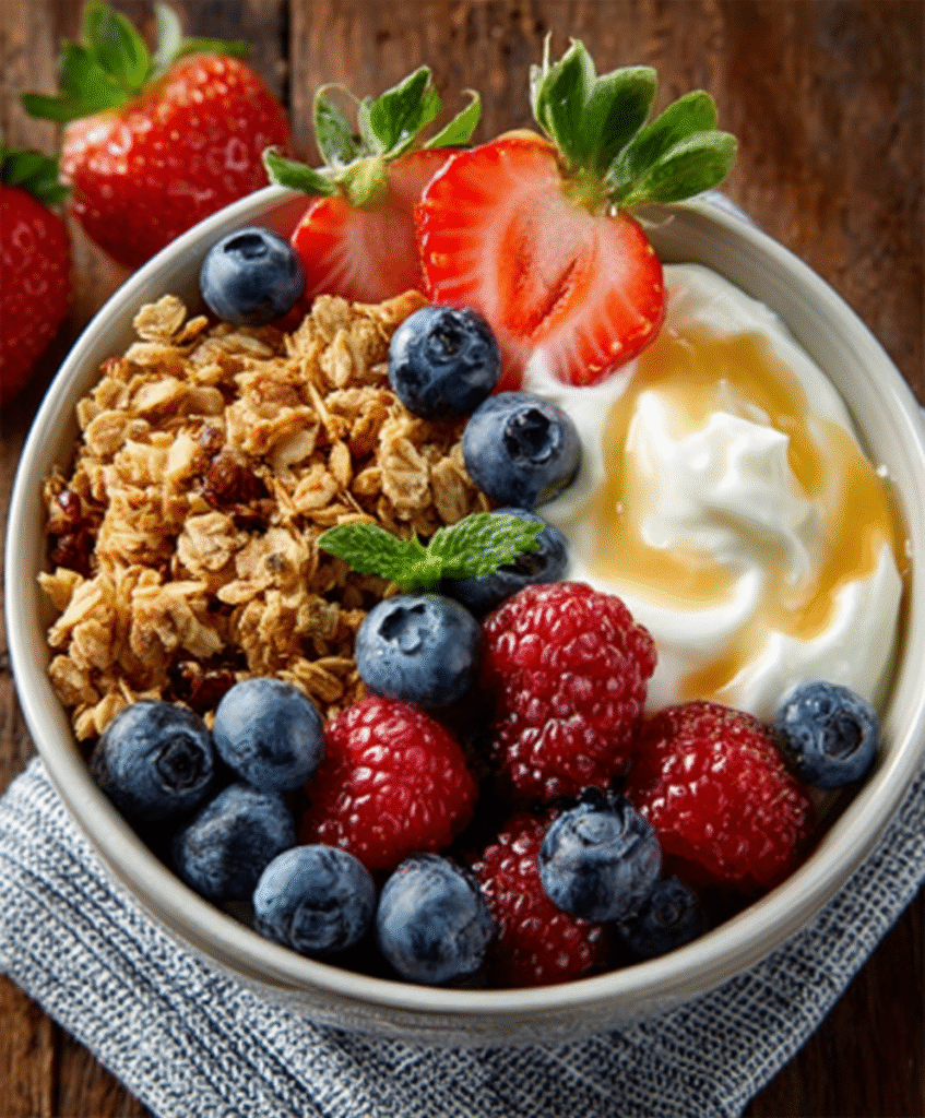 Yogur griego con granola y frutas rojas