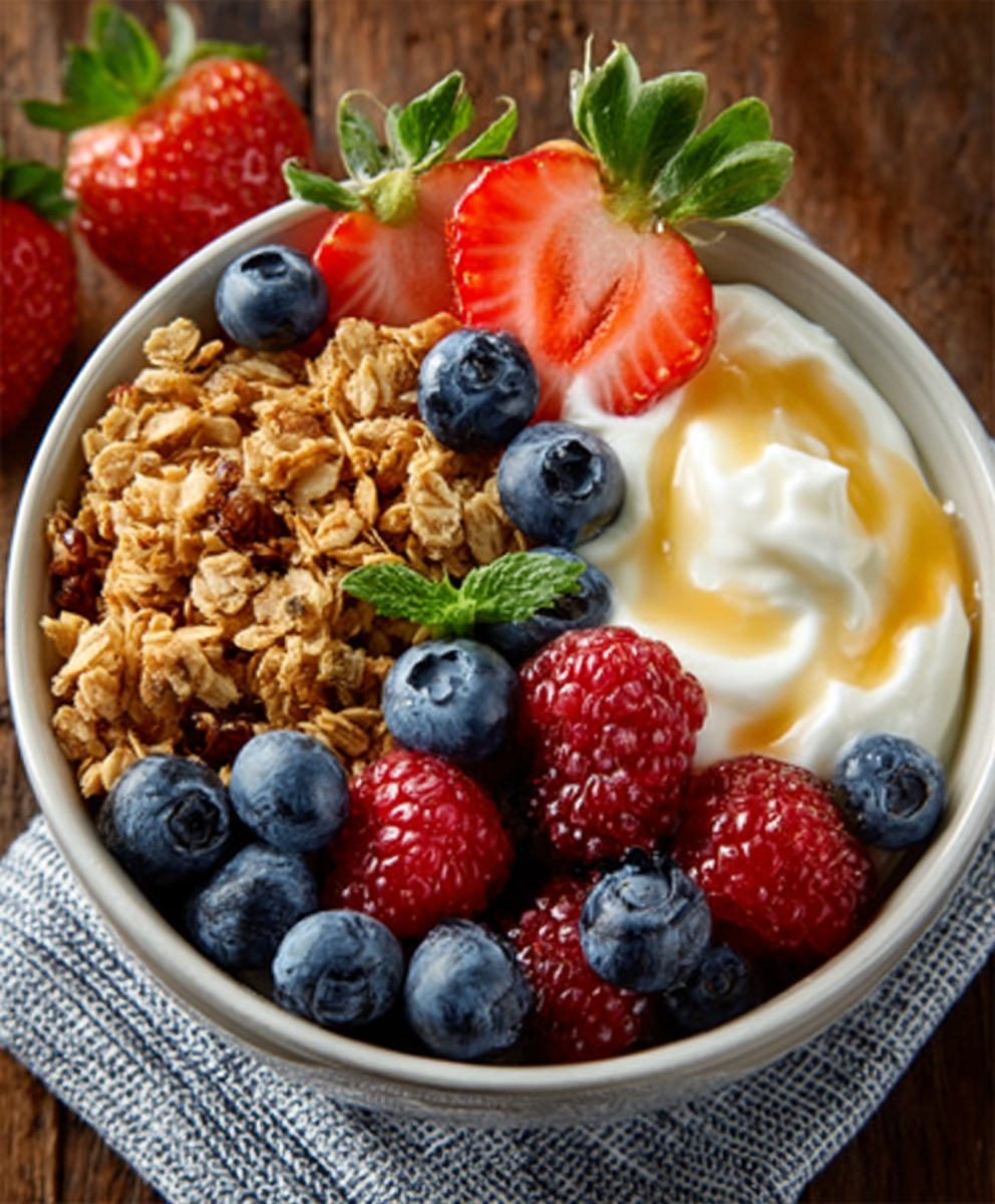 Yogur griego con granola y frutas rojas