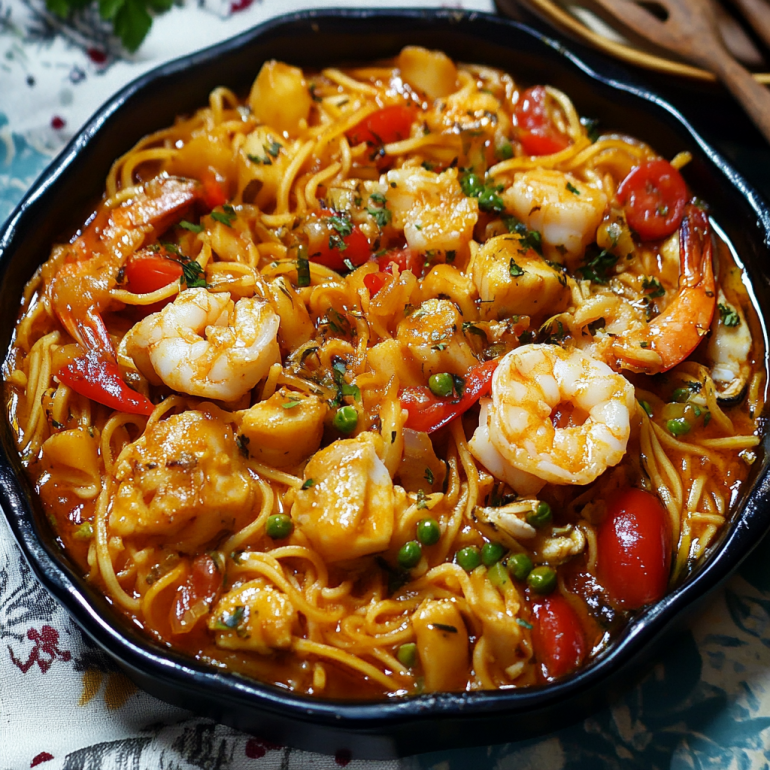 Cazuela de Fideos con Merluza y Marisco