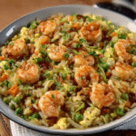 Arroz frío con gambas y lima para picnics en la playa o el campo