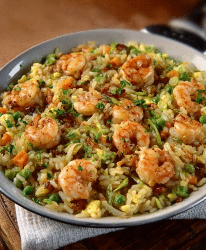 Arroz frío con gambas y lima para picnics en la playa o el campo